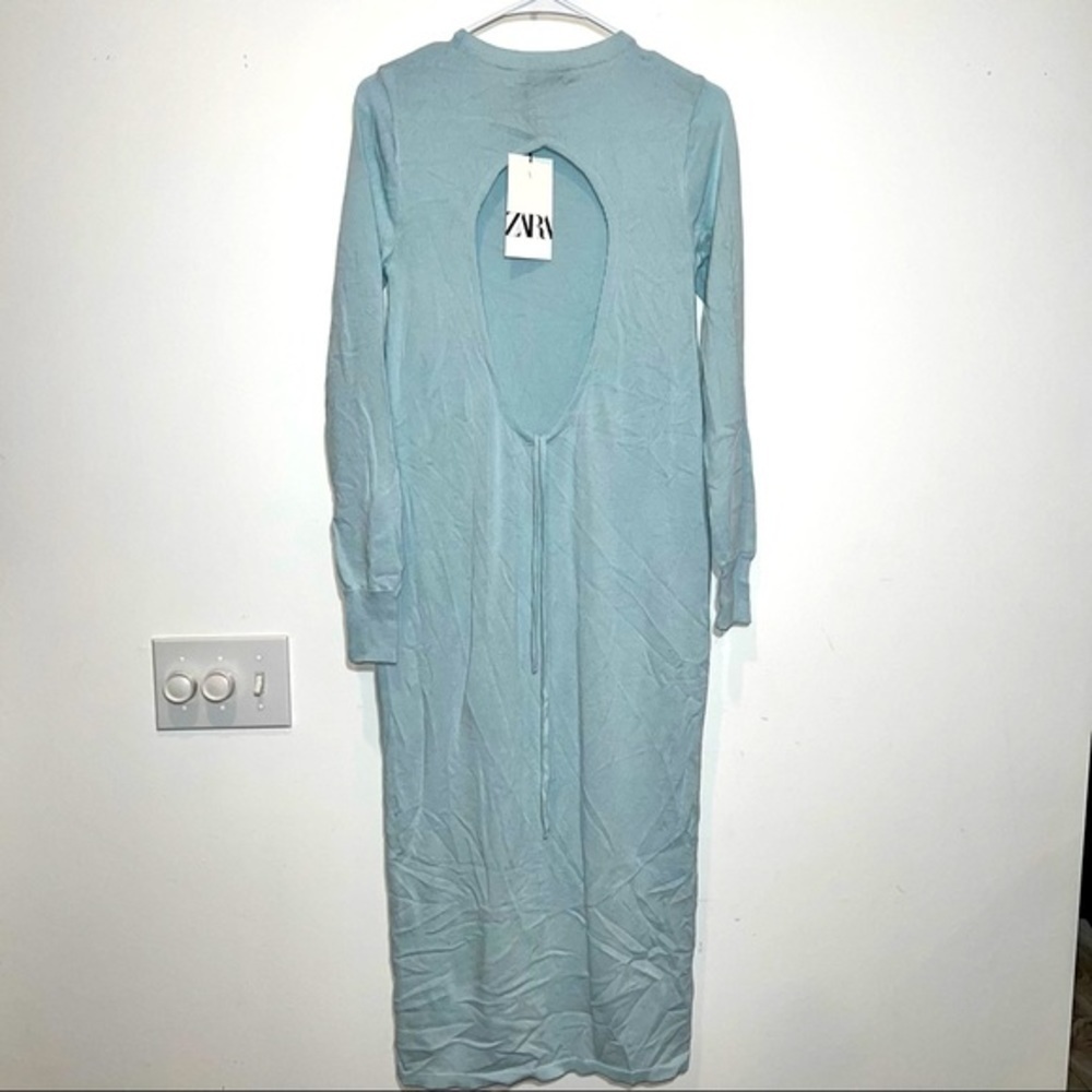 Zara NWT Baby Blue Knit Pencil Dress Open Back - Picture 3 of 6
